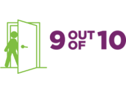 Icon of a person walking through an open door on the left, with the text '9 OUT OF 10' in purple on the right.