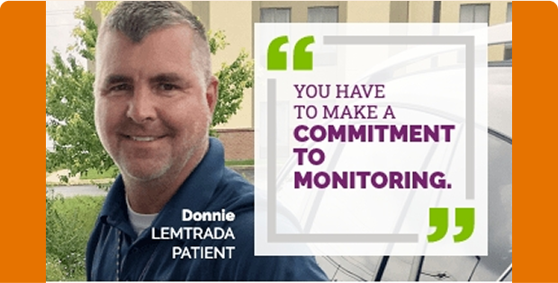 Donnie, Lemtrada patient, is standing outdoors. A quote on the right reads, "YOU HAVE TO MAKE A COMMITMENT TO MONITORING."
