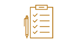 Icon of a checklist with a pen in orange.