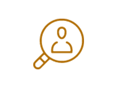 Icon of a magnifying glass with human image inside it in orange.
