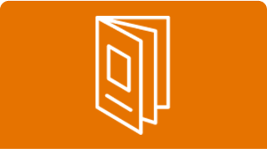 Icon of an open book on an orange background.