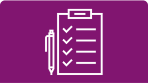 Icon of a checklist and a pen on a purple background.