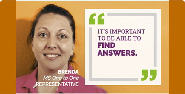 Brenda, MS One to One Representative, is wearing a pink shirt. A quote on the right in a white box with green quotation marks reads: "IT'S IMPORTANT TO BE ABLE TO FIND ANSWERS."