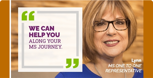 Lynn, MS One to One Representative, is wearing glasses and a blue top. A quote on the left reads: "WE CAN HELP YOU ALONG YOUR MS JOURNEY."