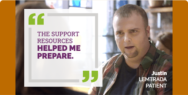 Justin, Lemtrada patient, wearing a plaid shirt in a casual indoor setting. A quote on the left in a white box with green quotation marks reads: "THE SUPPORT RESOURCES HELPED ME PREPARE."