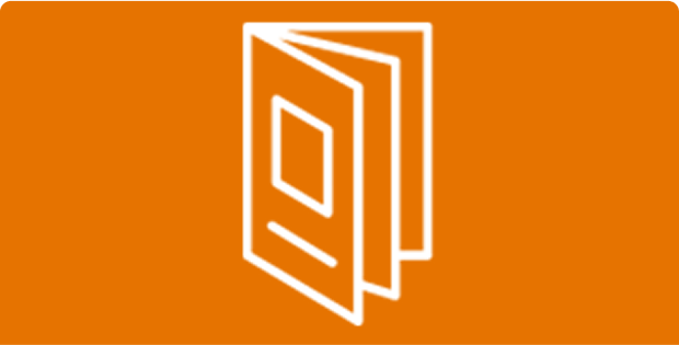 Icon of an open book on an orange background.