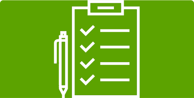 Icon of a checklist with a pen on a green background.