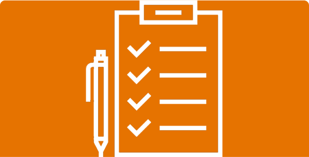 Icon of a checklist with a pen on an orange background.