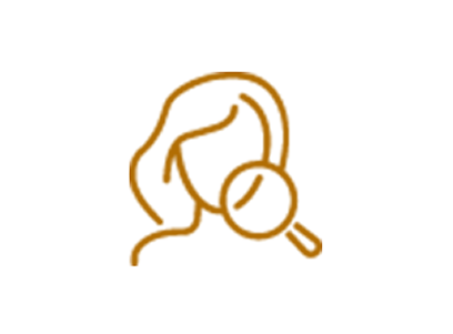 Icon of a female figure with a magnifying glass in orange.
