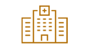 Icon of a hospital building with a cross symbol at the top in orange.