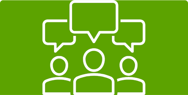 Icon of three human figures with three speech bubbles above them on a green background.
