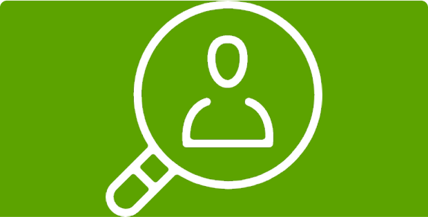Icon of a magnifying glass with a human image inside it on a green background.