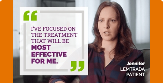 Jennifer, Lemtrada patient, wearing a dark-colored shirt. A quote on the left reads: "I'VE FOCUSED ON THE TREATMENT THAT WILL BE MOST EFFECTIVE FOR ME."