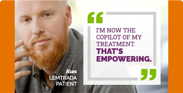 Alex, Lemtrada patient with a brown beard, wearing a gray shirt. A quote on the right reads: "I'M NOW THE COPILOT OF MY TREATMENT. THAT'S EMPOWERING."