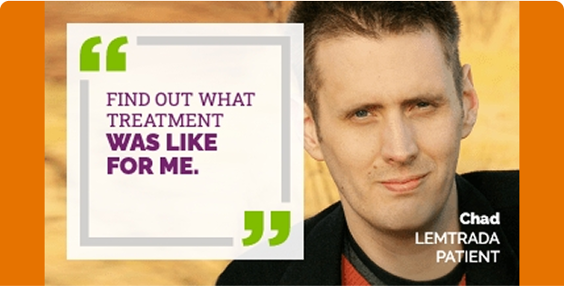 Chad, Lemtrada patient, wearing a black T-shirt. A quote on the left reads: "FIND OUT WHAT TREATMENT WAS LIKE FOR ME."