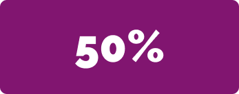 Icon of white text "50%" centered on a purple rectangular background.