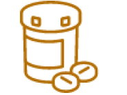 Icon of a medicine bottle with two pills beside it in orange.