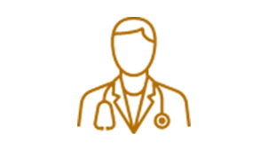 Icon of a healthcare professional wearing a stethoscope in orange.