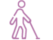 Icon of a person walking with a cane in purple.