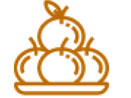 Icon of four apples arranged like a pyramid on a plate, in orange.