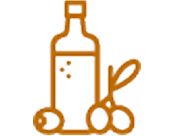 Icon of a bottle containing fluid, with olives beside it at the bottom, all in orange.